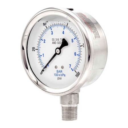 Engineered Specialty Products, Inc Pic Gauges 4" Pressure Gauge, Liquid Fill, 100 PSI, All Stainless Steel, Lower Mount, 301L-402E 301L-402E